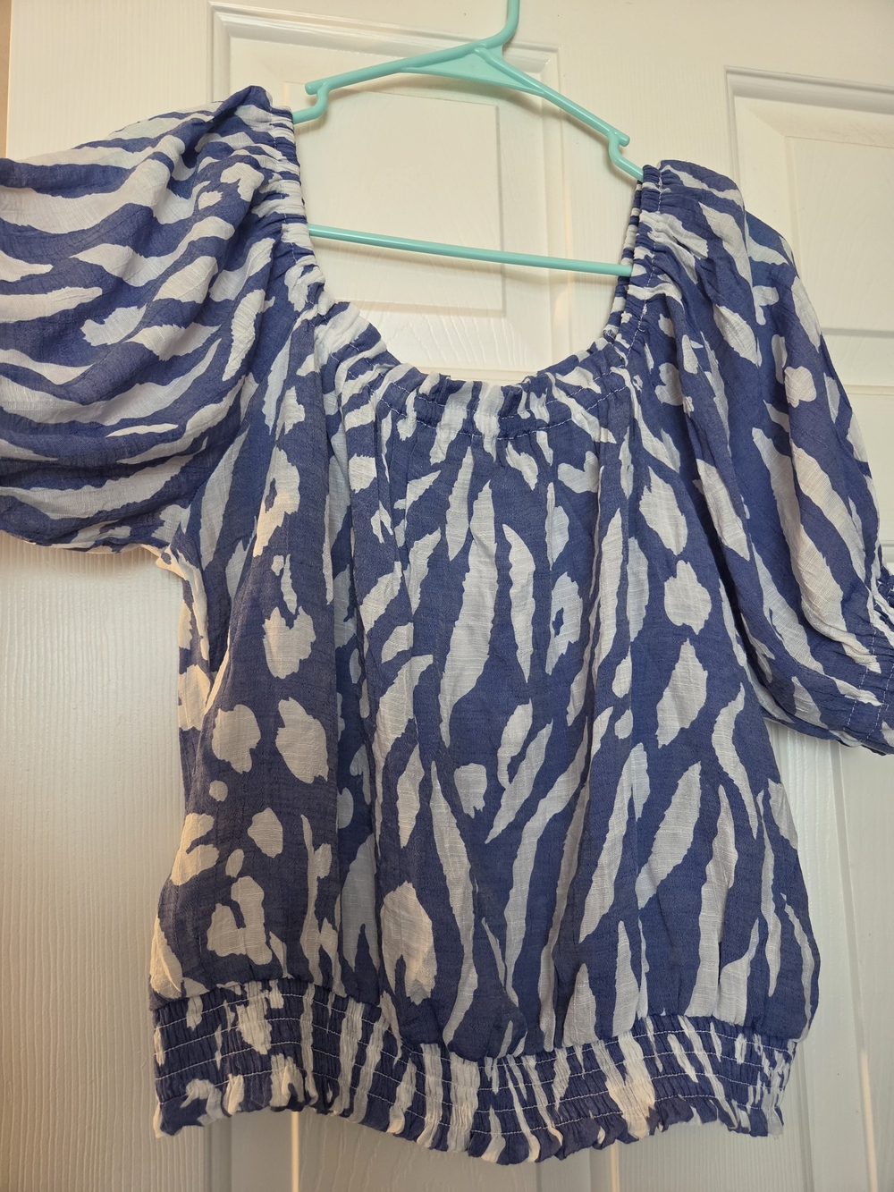 Blue and White Off-Shoulder Smocked Hem Crop Top
